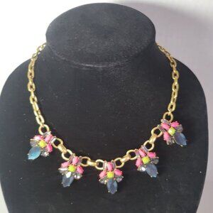 J.Crew Gold-Tone Chain Pink & Blue Crystal Floral Statement Bib Necklace